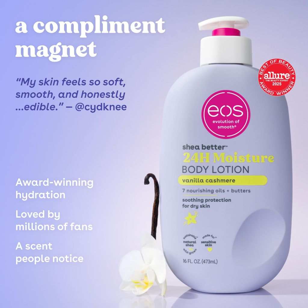 Eos Shea Better Body Lotion Vanilla Cashmere, 24-Hour Moisture Skin Care , 16 fl oz