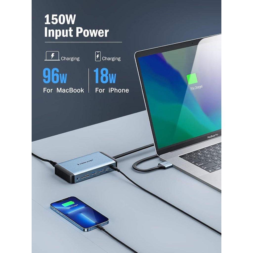 Lemorele MacBook Pro Air Docking Station w/150W Power Adapter, 12 in 2 USB C Laptop Docking Station 2 HDMI 4K@60Hz, 18W PD 3.0 5Gbps, USB C 3.0 & 4 USB 3.0, RJ45 Ethernet SD/TF Audio