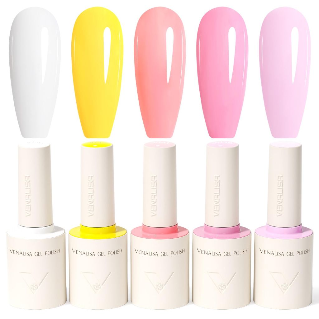 VENALISA Gel Nail Polish Set with Nail tips - White Yellow Pink Light Purple  5 Pcs