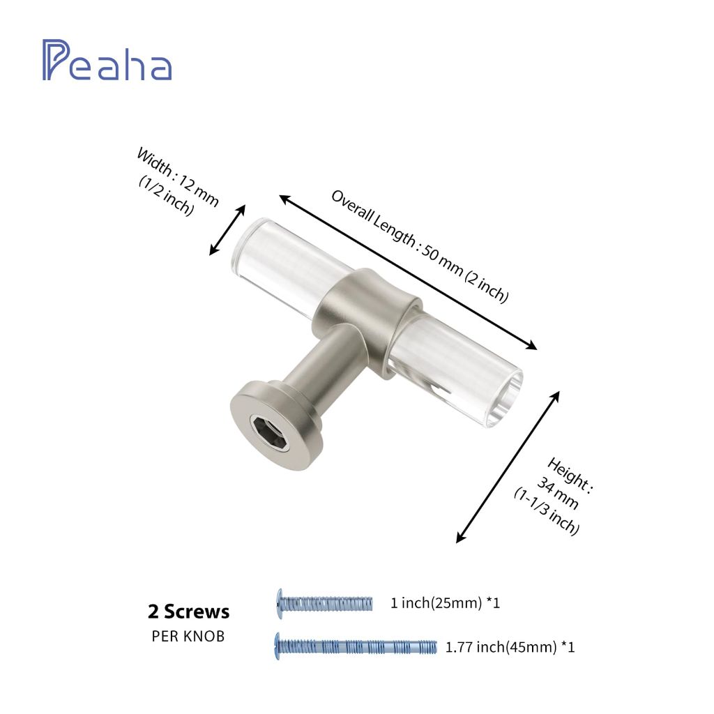 Peaha 10 Pack Brushed Nickel Cabinet Knobs T Shape Acrylic Drawer Knob Silver Decorative Hardware for Dresser Cupboards
