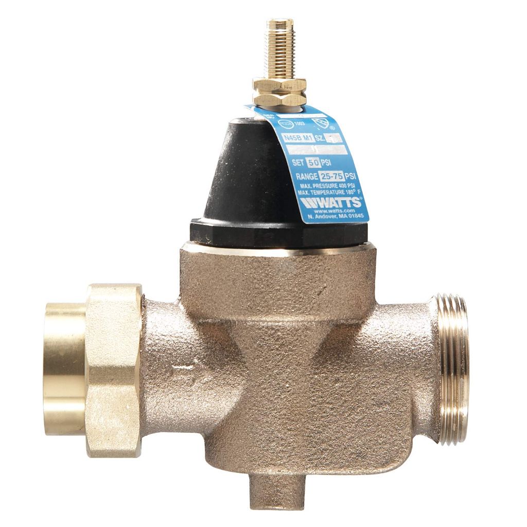 Watts LFN45B Series 1" Lead-Free Cast Copper Silicon Alloy Water Pressure Reducing Valve, NPT Thread Union Inlet x NPT Female Outlet, Elastomer Disc, Adjustable Pressure 25 to 75 psi, Maximum 400 psi