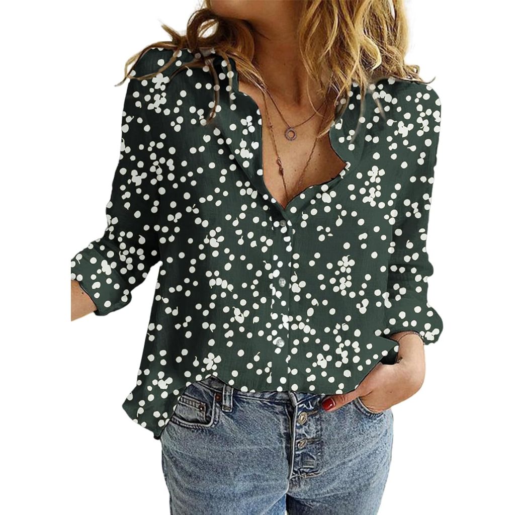 Dokotoo Women's Alicia Floral Print Roll Up Long Sleeve Button Down Blouse - Green, Large