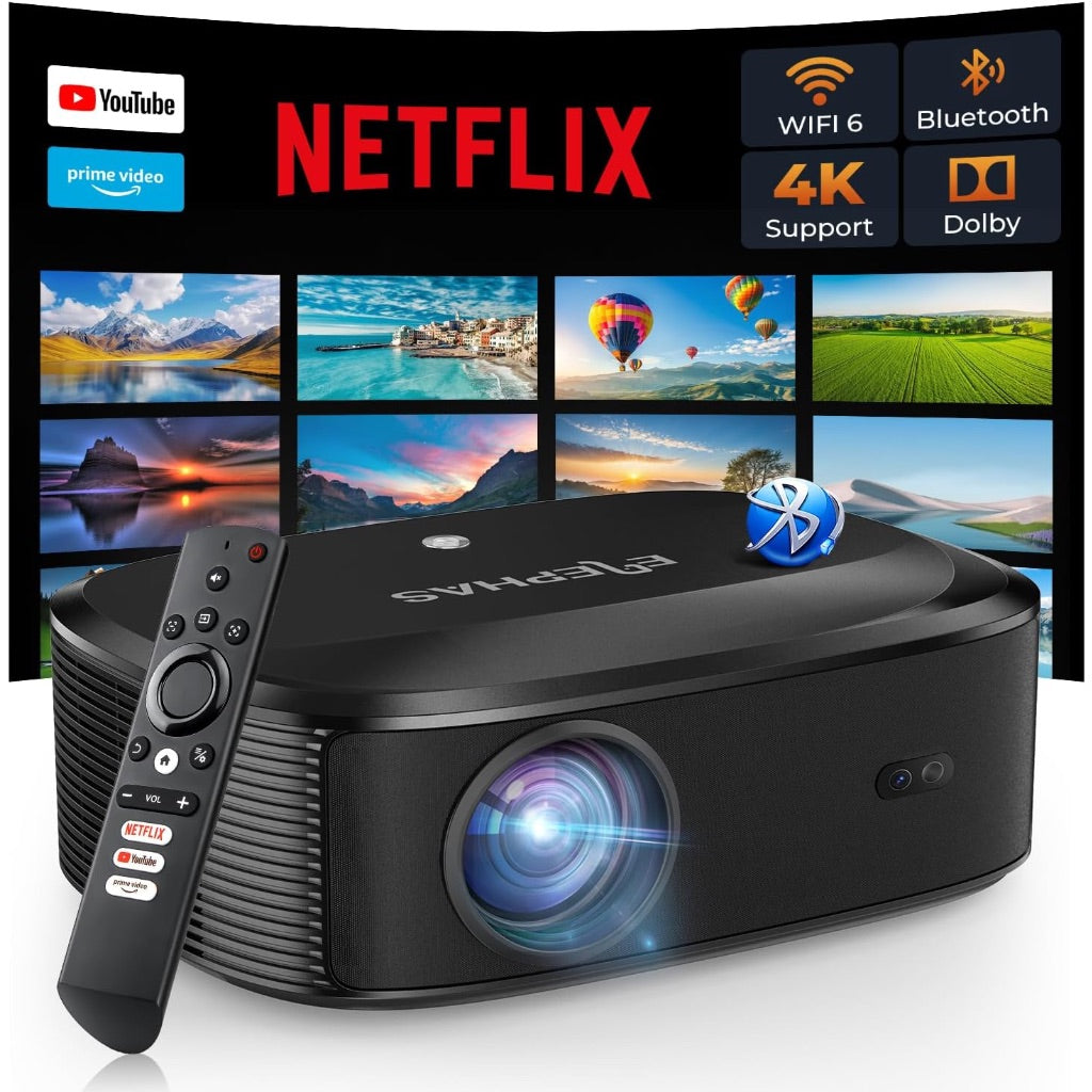 4K Projector with Wifi and Bluetooth, ELEPHAS Outdoor Movie Projector with NETFLIX/Prime Video/YouTube Built-in, 100,000+ Apps Supported, Video Projector Compatible with HDMI/USB/iOS/Android/Windows