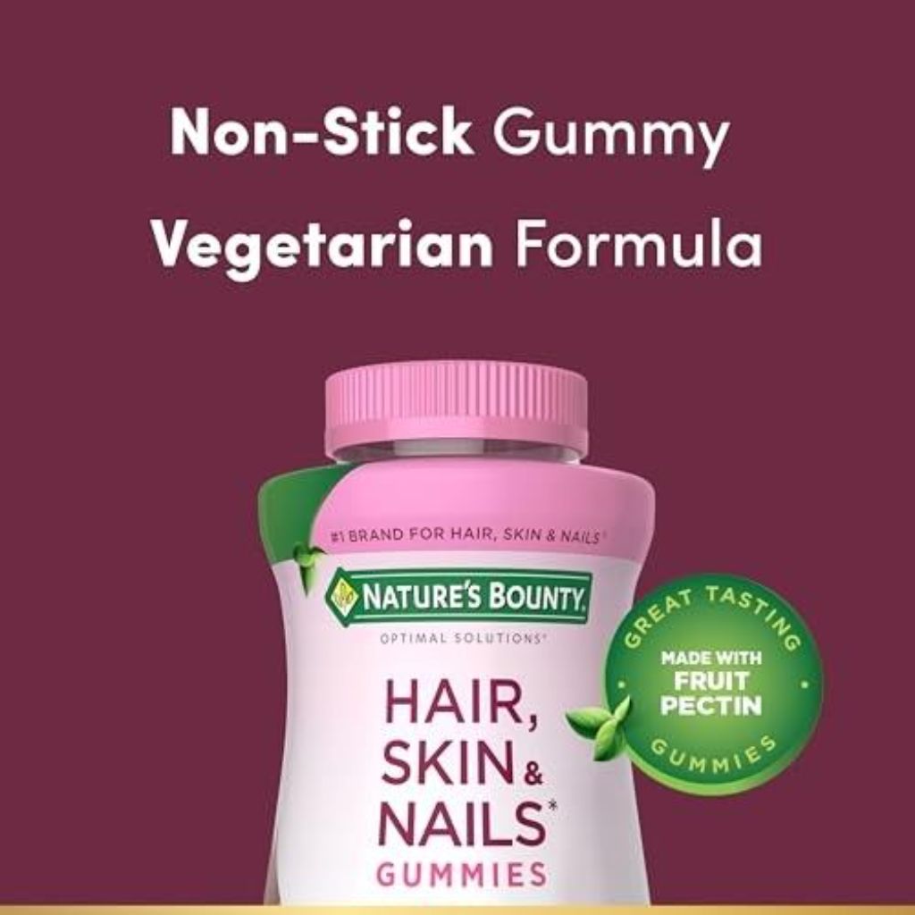 Nature's Bounty Optimal Solutions Hair, Skin and Nails Pectin Gummies, 2500 Mcg Biotin per Serving, No Stick Gummy, Vegetarian Formula, Strawberry Fla