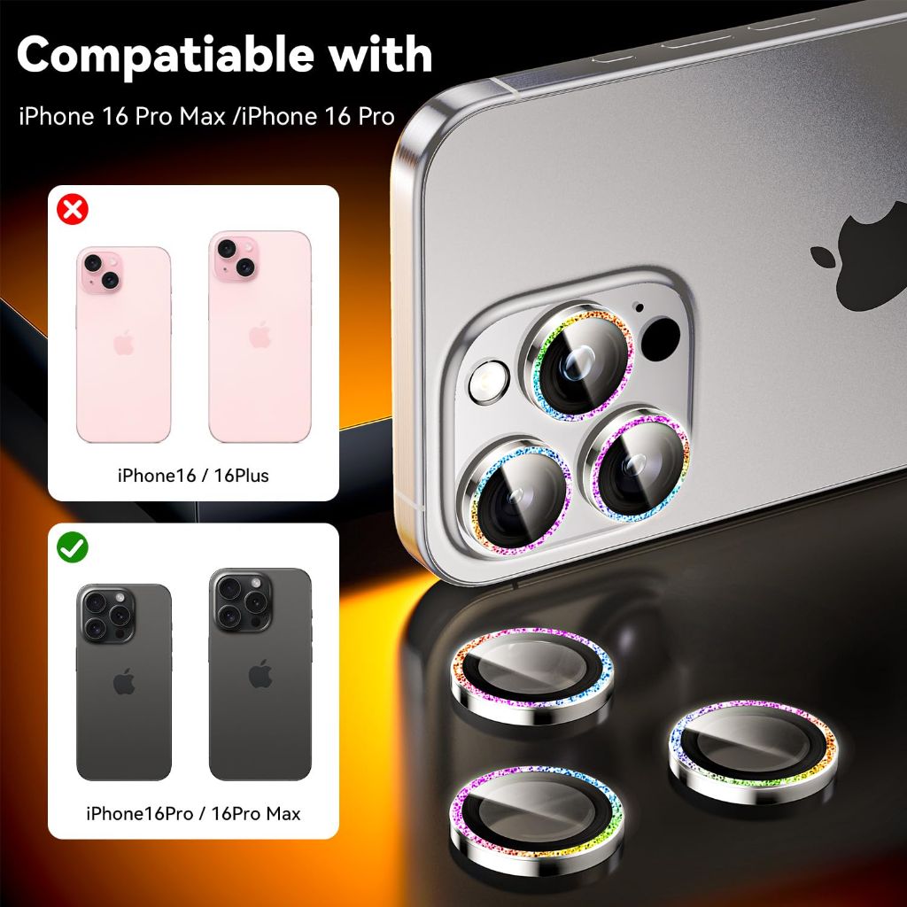 Hoerrye for iPhone 16 Pro / 16 Pro Max Camera Lens Protector - Glitter Colorful