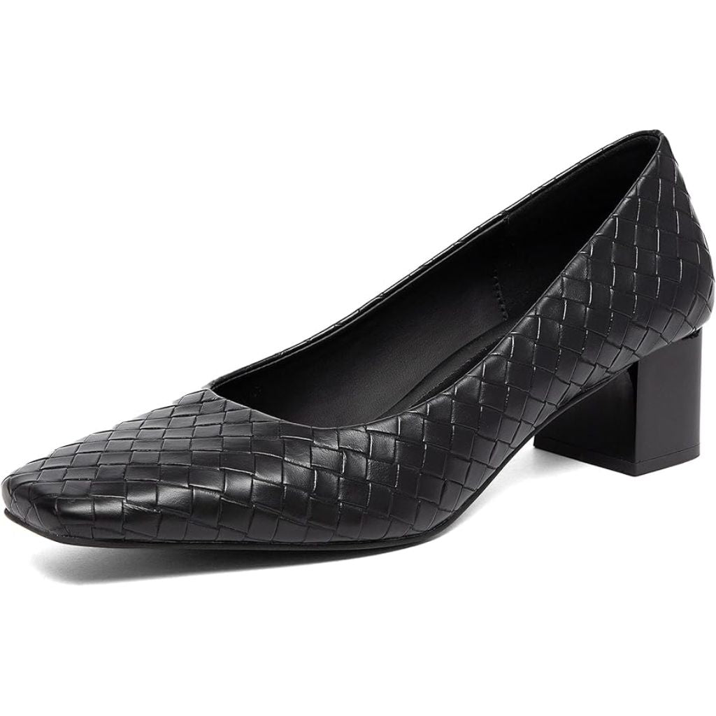 NewBella Women’s Patent Square Toe Low Chunky Block Heel Pumps - Black, Size 7.5