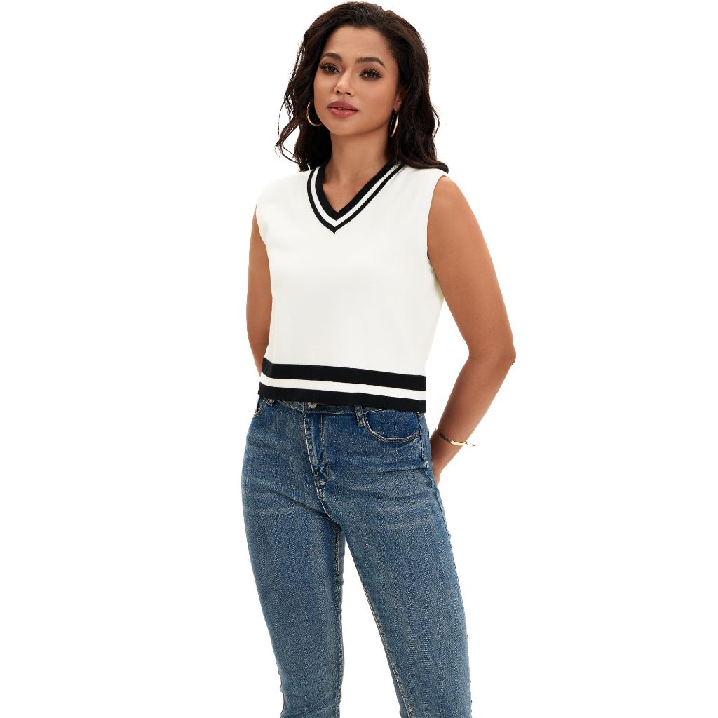 ONFERS Women's Cropped Sweater Vest V Neck Sleeveless Loose Fit Tank Tops Striped Knit, Large, White Black
