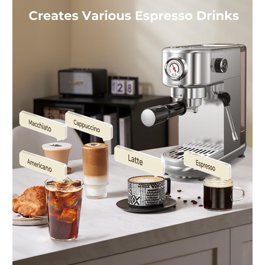 Atatix Espresso Machine with Milk Frother, 20 Bar Pressure Espresso Maker, with 44OZ Removable Tank, Compact Stainless Steel Coffee Machine for Home, Office, Latte, Cappuccino, Macchiato, Silver