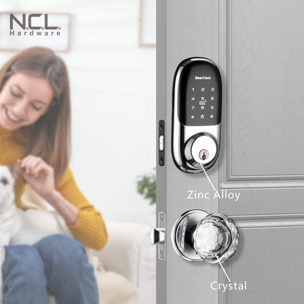 Smart Digital Front Door Lock Set with Code Door Knob with Keypad, Silver with Crystal Knob
