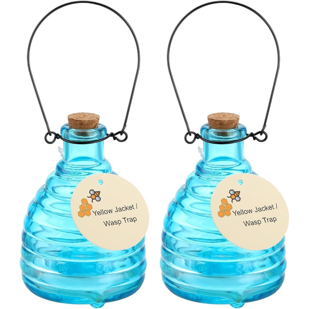 Glass Hanging Wasp Trap for Outdoor Garden - Blue, 2 Pieces