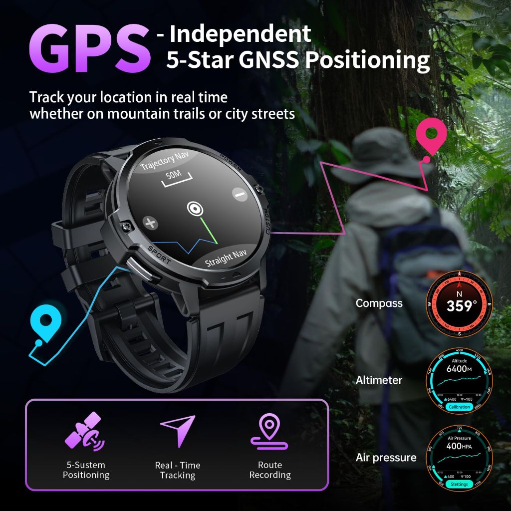 Rugged Smart Watch | 1.46'' Tactical Smartwatch with Bluetooth Calls, Compass | Black