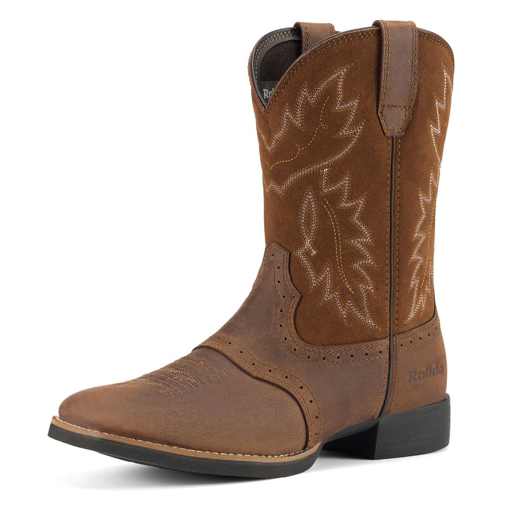 Rollda Leather Cowboy Boots for Men Western Boots Square Toe Chunky Heel Mid-Calf Boots Classic Embroidered with Pull On Tabs Dark Brown Size 13