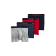 Jockey Men's Underwear Lightweight Cotton Blend 5" Boxer Brief - 4 Pack, Navy Heather/Racing Red/Rough Blue/Quartz Grey Stripe, L