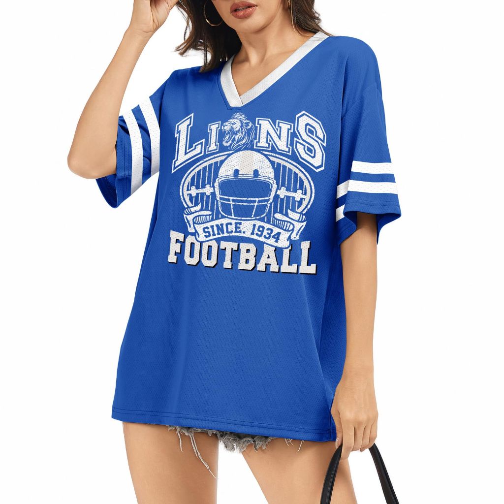 Women's Football Mesh Jersey - V-Neck Short Sleeve Casual Top, Blue, Large