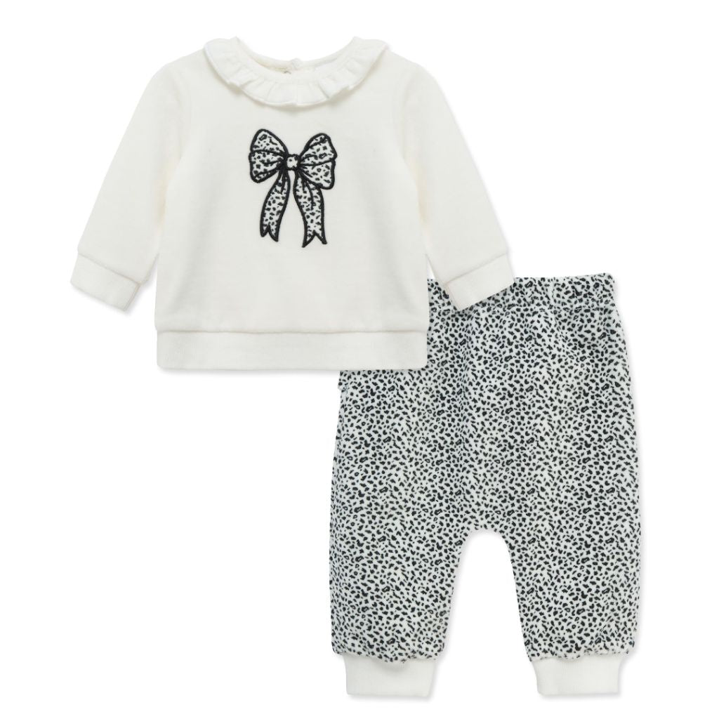 SZ 9MTHS Little Me Clothes for Baby Girls' Geo Bow 2-Piece Velour Scratch Free Tag Pant Set, White/Black