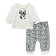 SZ 9MTHS Little Me Clothes for Baby Girls' Geo Bow 2-Piece Velour Scratch Free Tag Pant Set, White/Black