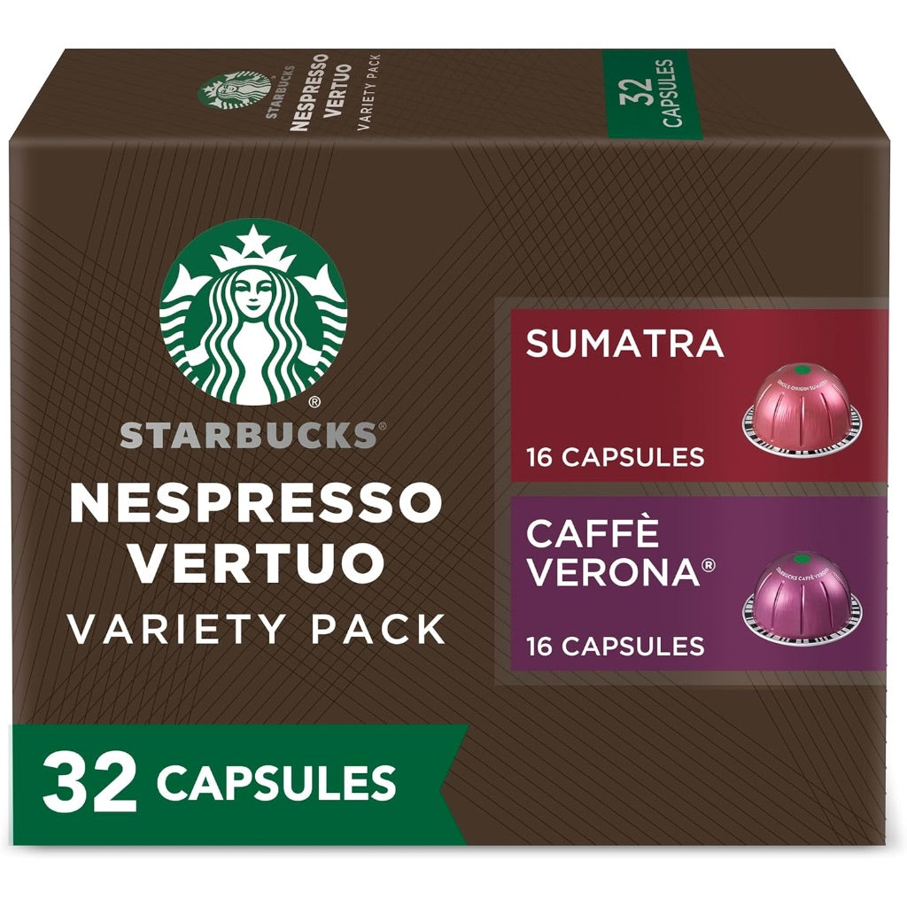 Starbucks Nespresso Vertuo Dark Roast Variety Pack Coffee Pods, Sumatra & Cafe Verona, 32 Pods
