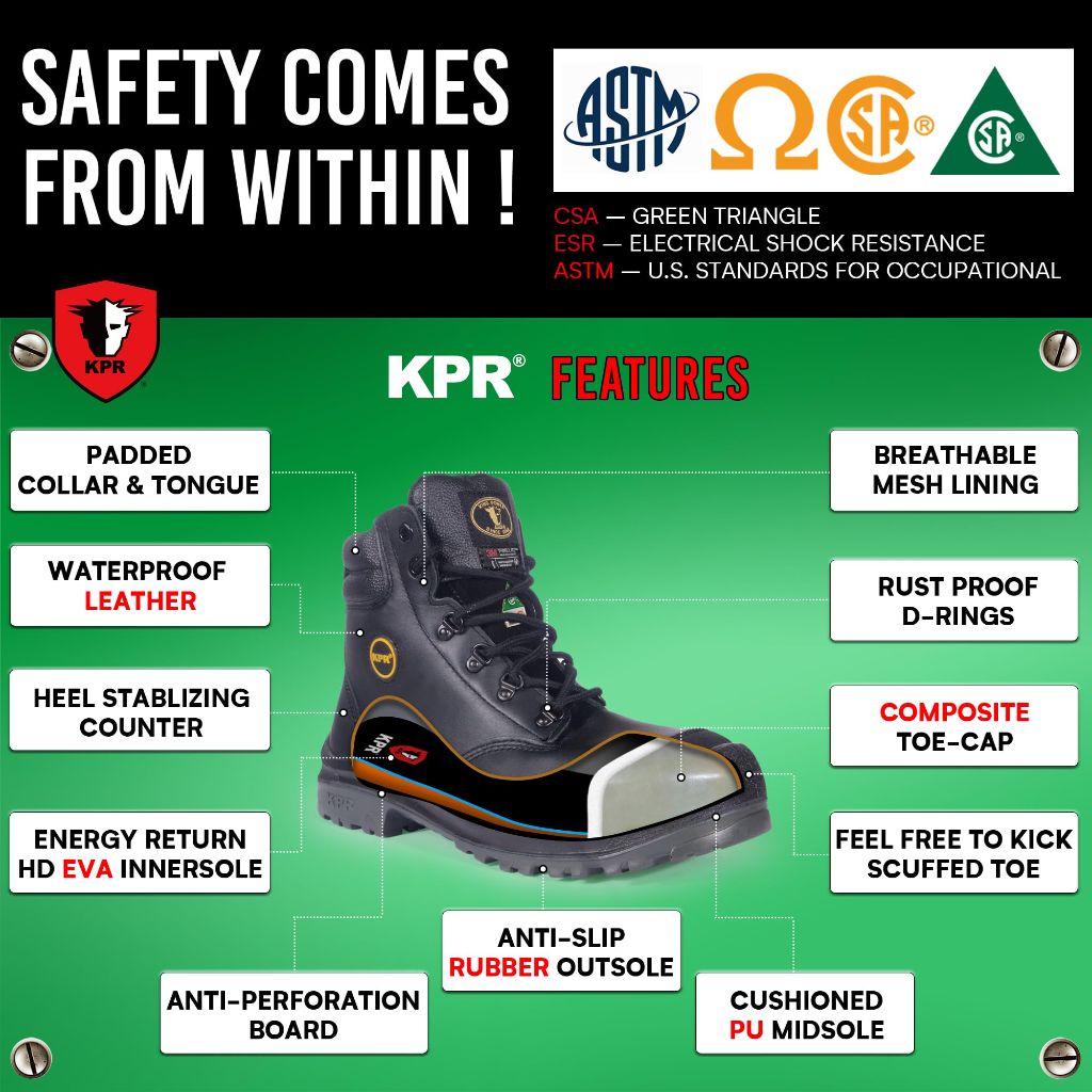 KPR Steel Toe Work Boots for Men, Black - size 6.5