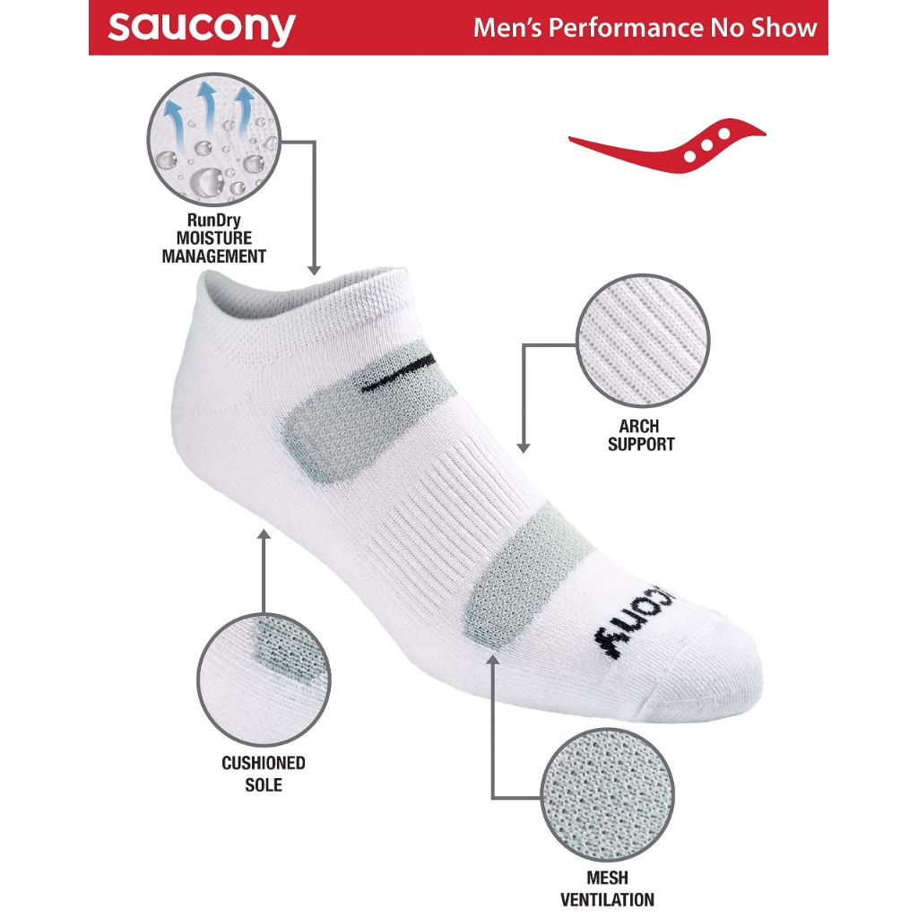 SZ L, Saucony Men's Run Dry Mesh Ventilating Comfort Fit Performance No-Show Socks (6 Pairs)