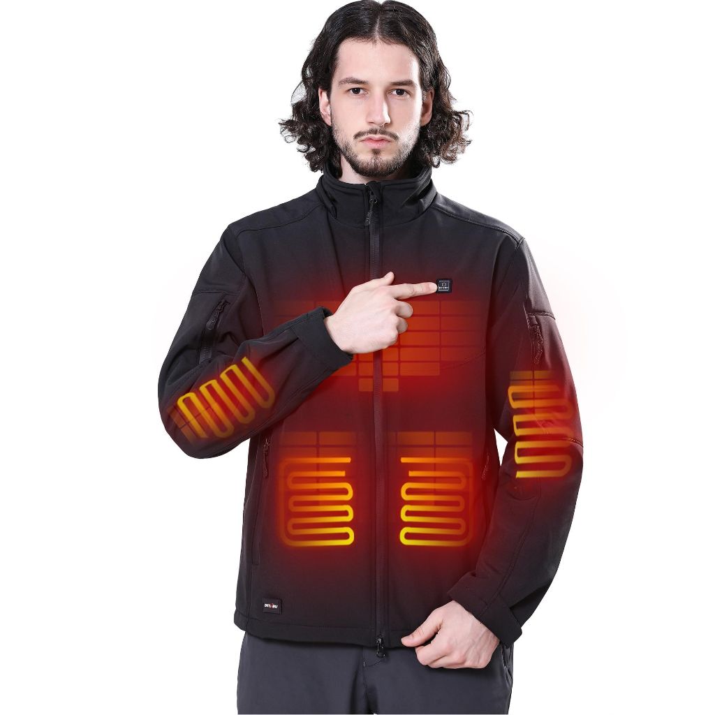 DEWBU Soft Shell Heated Jacket for Men with 12V Battery Pack and Detachable Hood Outdoor Electric Heating Coat, Black, 2XL