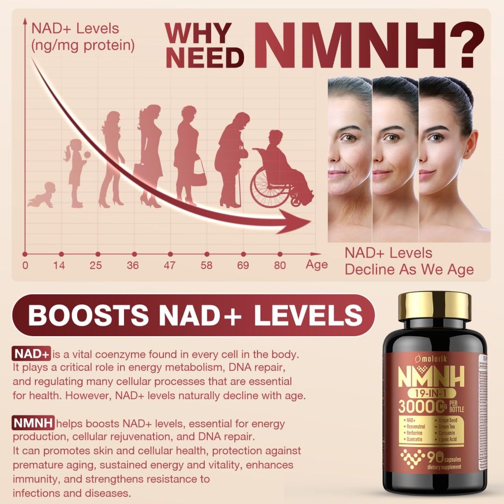 19 in 1 NMNH (Dihydronicotinamide Mononucleotide) 1000mg Per Serving - Advanced NAD+ Supplement with Resveratrol, Quercetin & Antioxidants