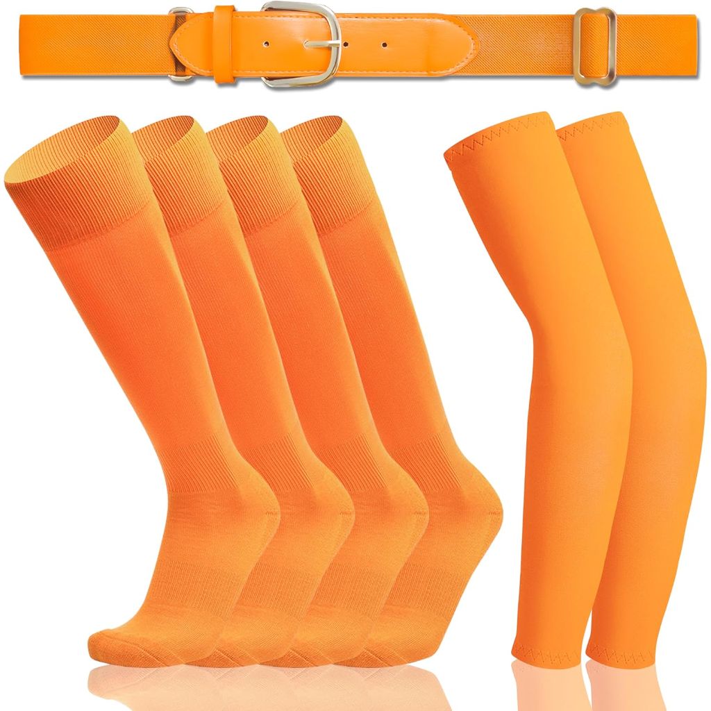 Youth Baseball/Softball Belt and Socks Combo Set with Arm Sleeve UV Protection - Orange, (Youth Size)