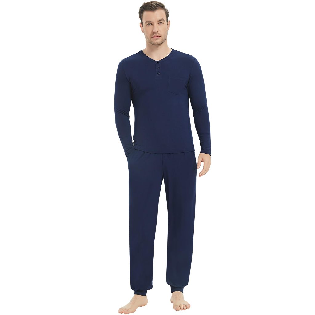 SZ XXL, NACHILA Mens Pajamas Set Long Sleeve Henley Sleepwear, Bamboo Navy Blue XXL