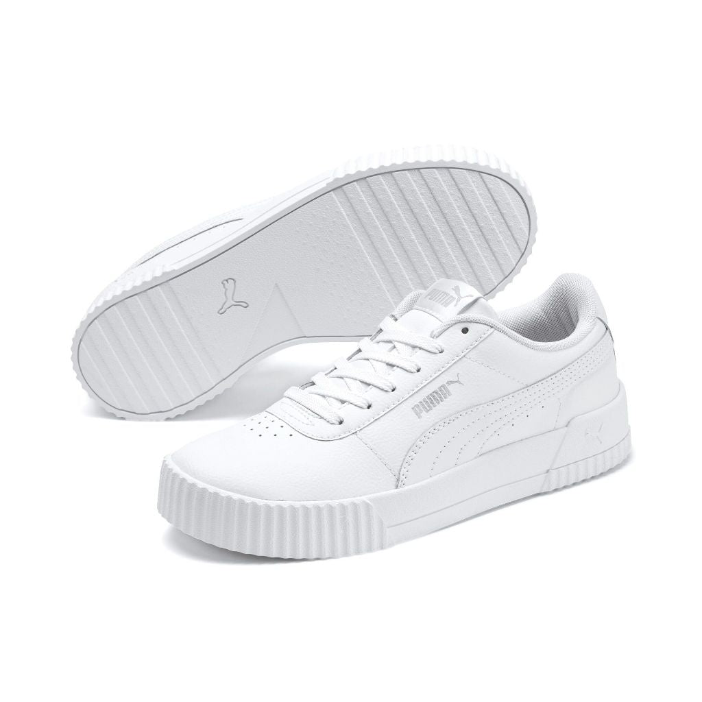 PUMA Womens Carina Leather Sneaker, White Silver, 10.5