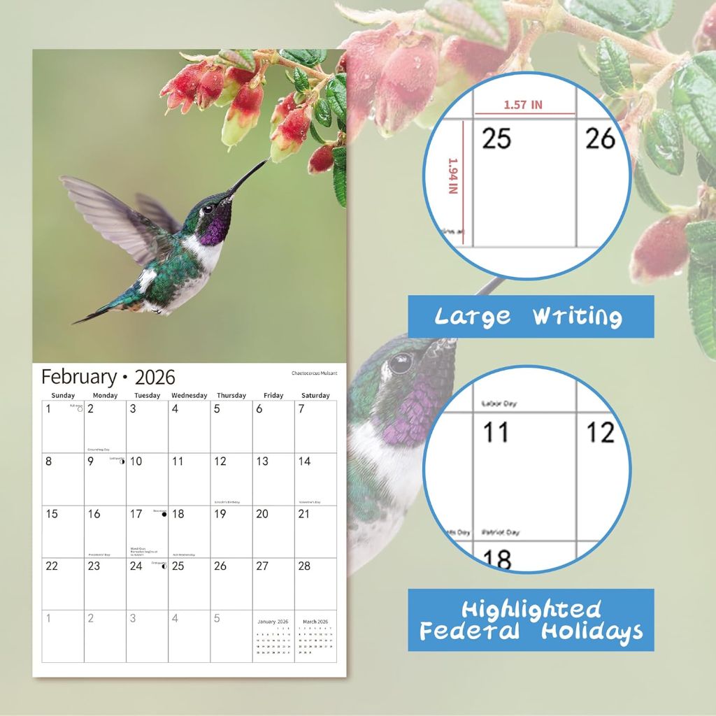 2026 Wall Calendar,Calendar 2026, November 2025 - December 2026, Wall Calendar Hummingbird, 12" x 24" Opened,Full Page Months Thick & Sturdy Paper for Calendar Organizing & Planning