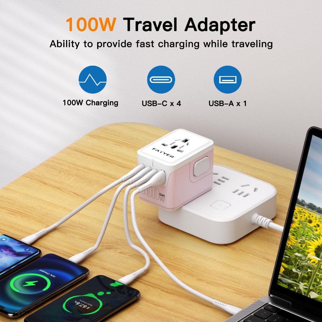 FATYER Universal Travel Adapter, 120w GaN International Plug Adapter - Pink