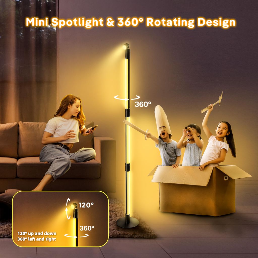 SANBEN RGB+IC Floor Lamp, Smart LED Corner Lamp with Music Sync and 16 Million DIY Colors, App & Remote Control, 360° Rotating Standing Floor Lamp with Spotlight for Bedroom Living Room