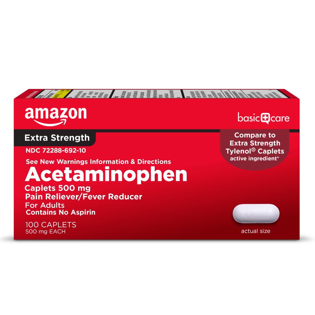 Amazon Basic Care Extra Strength Pain Relief, Acetaminophen Caplets, 500 mg, Pain Reliever/Fever Reducer, 100 Count