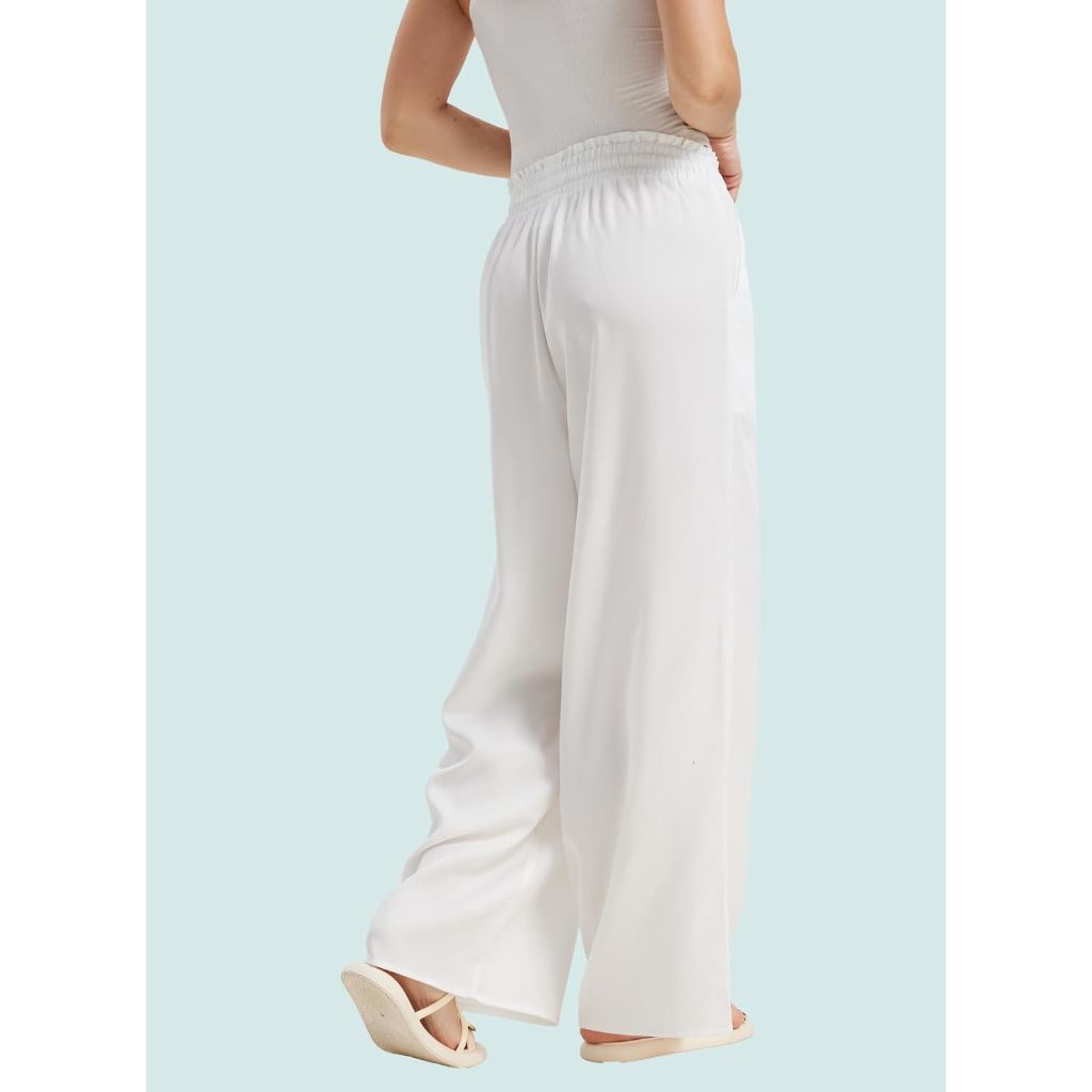 KYAL Women’s Summer Palazzo Pants, High Waist, Wide Leg, White, Large