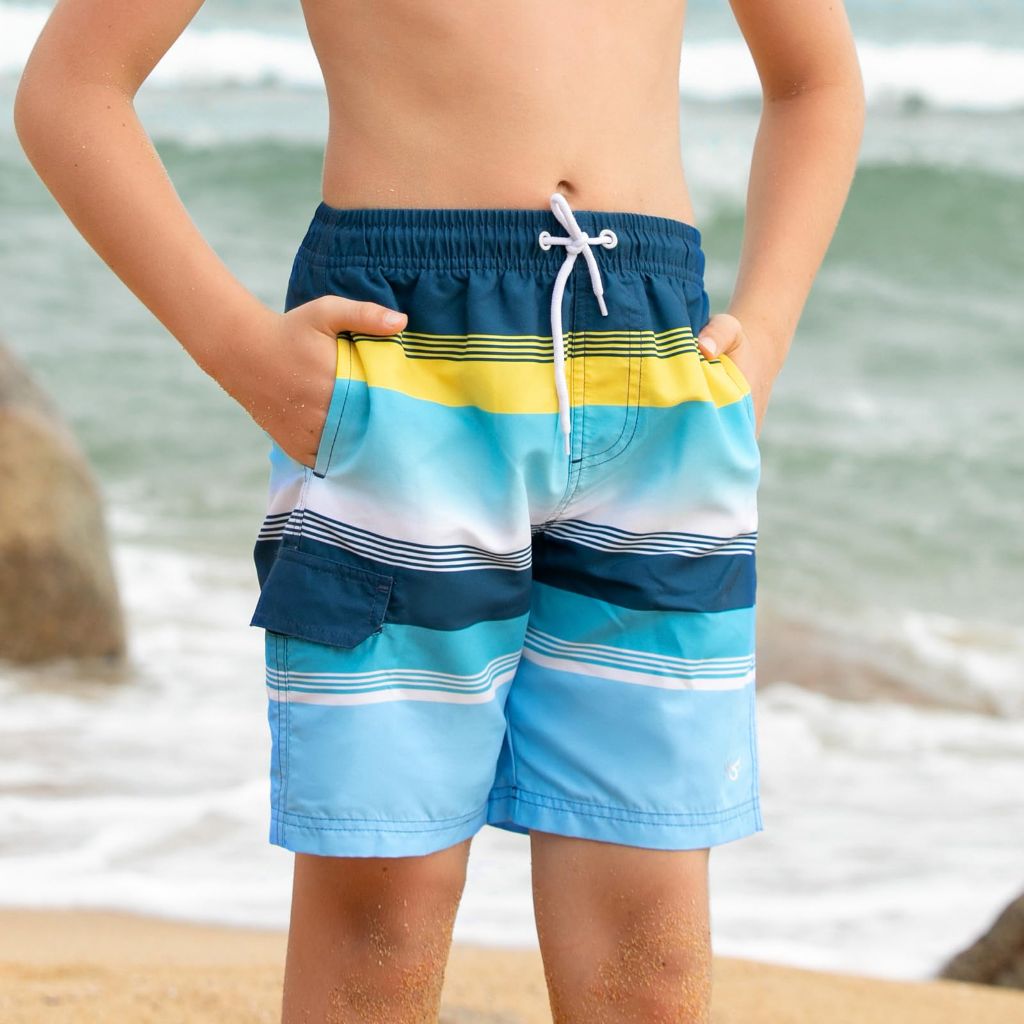 SZ 13-14Y, Angel season Boys Swim Trunks with UPF 50+ | Navy Rainbow