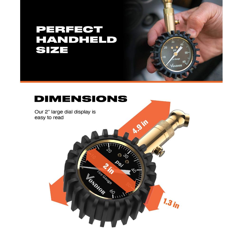 Vondior- Tire Pressure Gauge - (0-60 PSI) Heavy Duty, Certified ANSI Accurate with Large 2 Inch Easy to Read Glow Dial