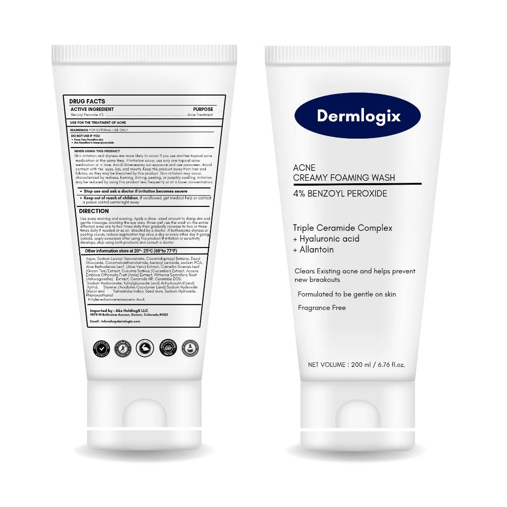 Dermlogix Creamy Acne Foaming Wash 4% Benzoyl Peroxide Face Wash With Hyaluronic Acid 6.76 Fl Oz