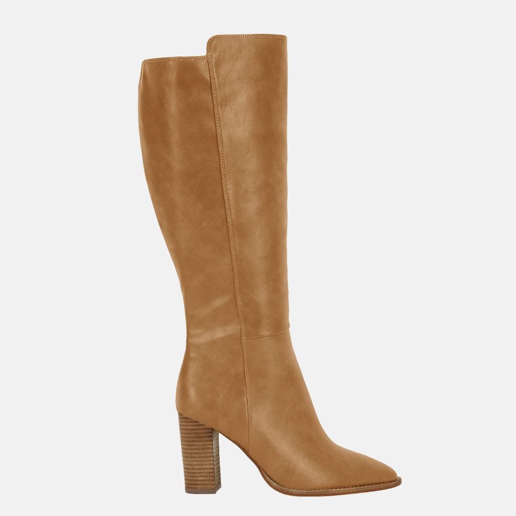 Juliet Holy Women's Knee High Boots Stacked Block Heel Pointed Toe Riding Boots Khaki