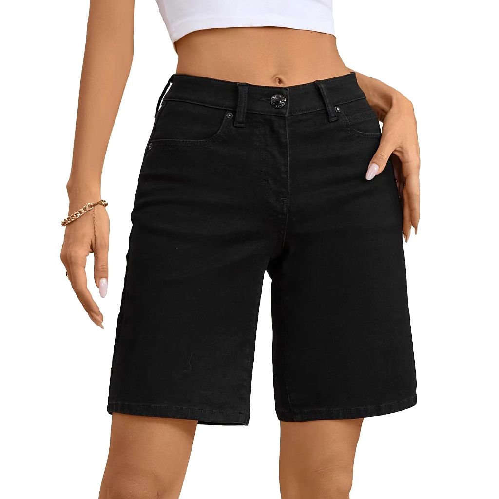 OFLUCK Bermuda Shorts for Women Mid Waisted, Black, Size 8