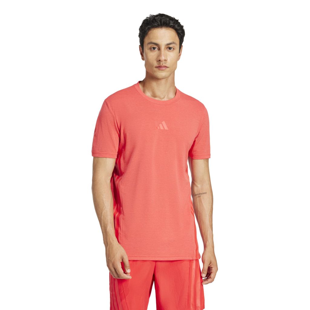 Adidas Men's Designed for Training 3-Stripes T-Shirt, Pure Ruby - size Medium/Tall