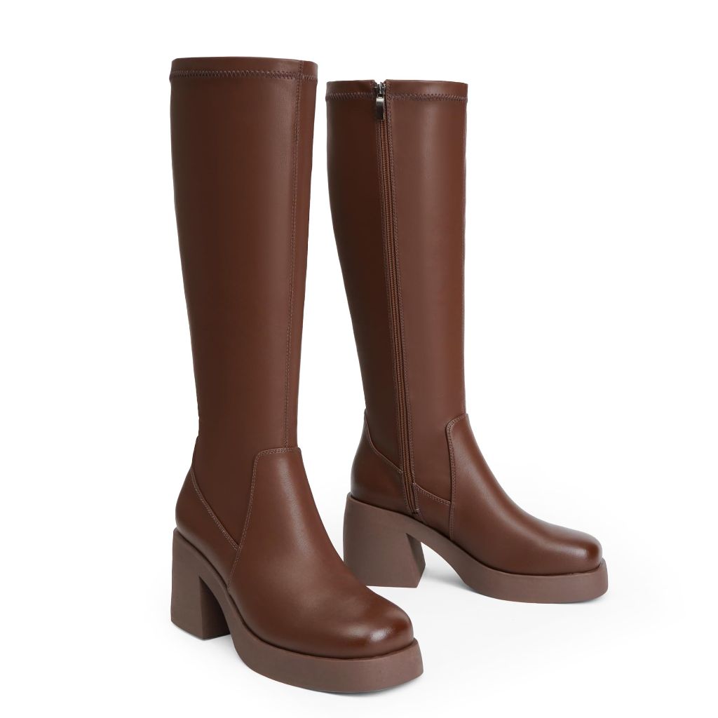 Easyfox Brown Platform Tall Boots Stretchy Knee High Boots Women Square Toe Long Brown Elastic Boots Chunky Heel Brown Boots for Women Size 9.5