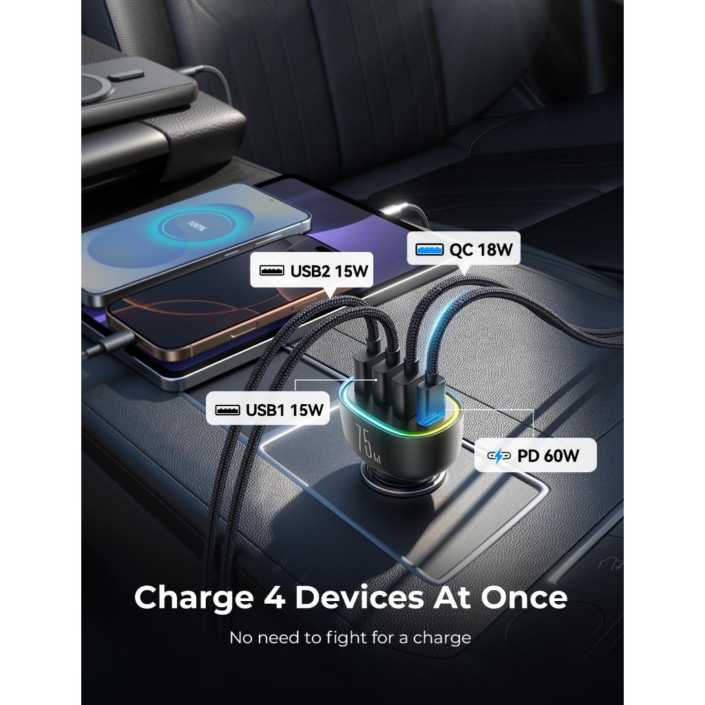 FLYLEAD - 75W Car Charger USB C, 4 Port Super Fast Cigarette Lighter USB Charger