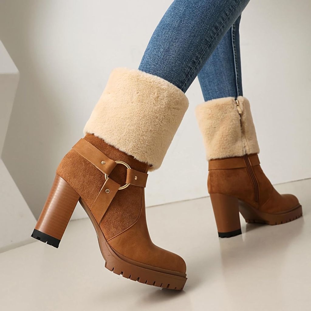 UTIKLIOU Women's Ankle Platform Boots, Brown, SZ 7.5