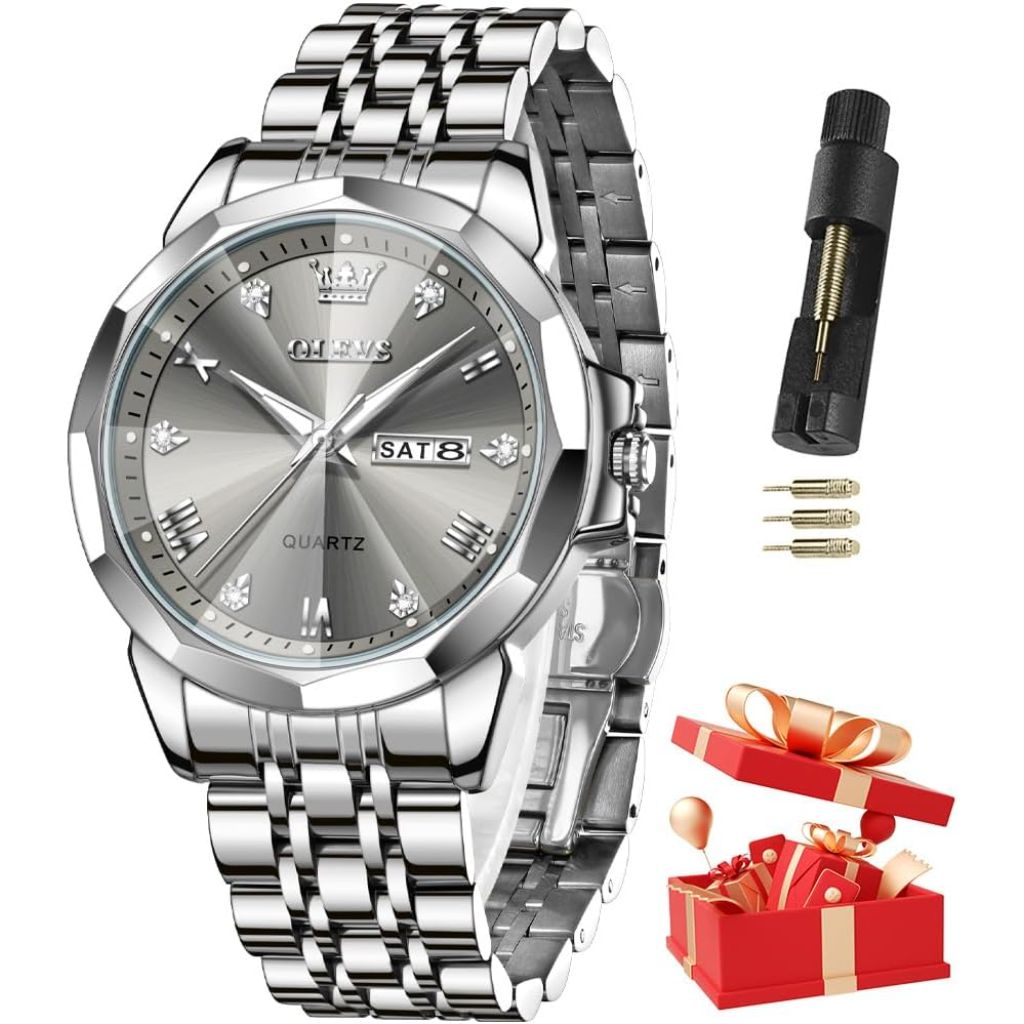 OLEVS Watches for Men Diamond Analog Quartz Stainless Steel Waterproof Watch