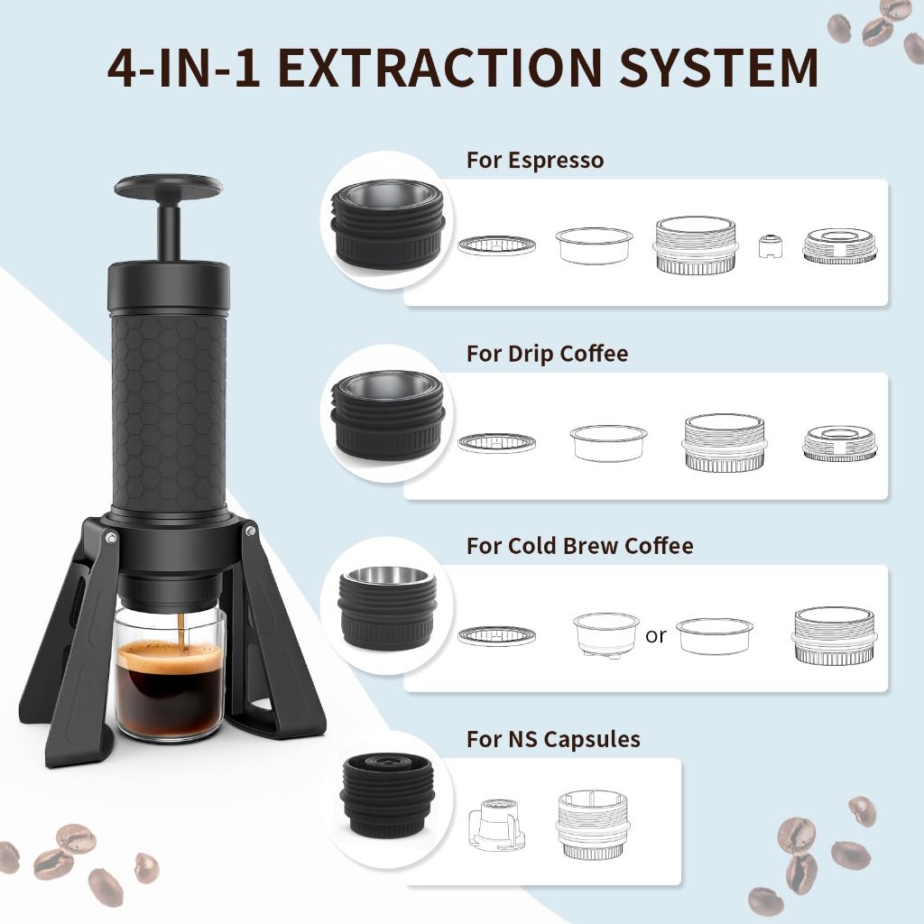 HOBCYCLE Manual Espresso Machine, 15 Bar Portable Coffee Maker for Ground Coffee and NS Capsules, 4-in-1 Brewing for Espresso Drip Cold Brew, Foldable for Travel Camping Office