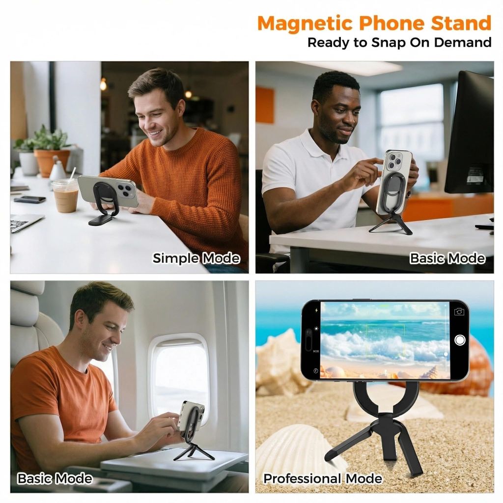 FUVALY Magnetic Phone Grip for MagSafe, 4-in-1 Phone Ring Holder with Mini Tripod & Kickstand, (Black)