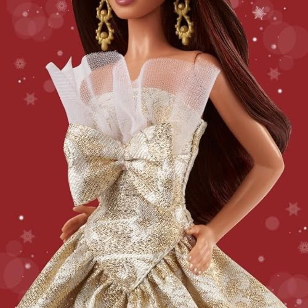 Barbie Signature 2025 Holiday Dark Brown Hair Fashion Doll Wearing Silver & Gold Gown, Seasonal Collector in Displayable Packaging & Stand