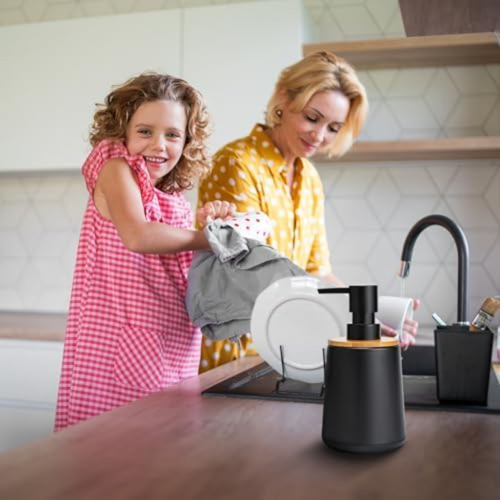 TOOZFO Soap Dispenser Plastic Bamboo with Pump Liquid Hand Lotion Dispenser for Shampoo Bathroom Kitchen 12 oz Black 2 Pack