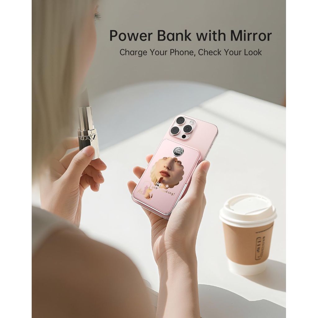 IWALK Magnetic Portable Charger 5,000mAh, Wireless Power Bank with Mirror & Foldable Stand, Ultra Slim Battery Pack with USB-C Cable, MagSafe Compatible for iPhone 17/16/16 Plus/16 Pro/15/14/13/12