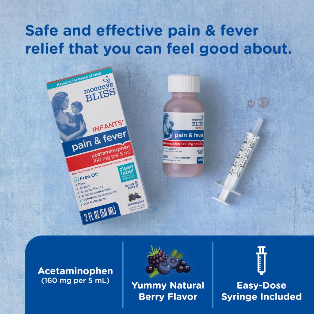 Mommy's Bliss Infants' Pain and Fever Reducer, Baby Acetaminophen, Dye-Free Medicine, Infant Fever Reducer, Delicious Mixed Berry Flavor, Ages 2+, 2 Fluid Ounces