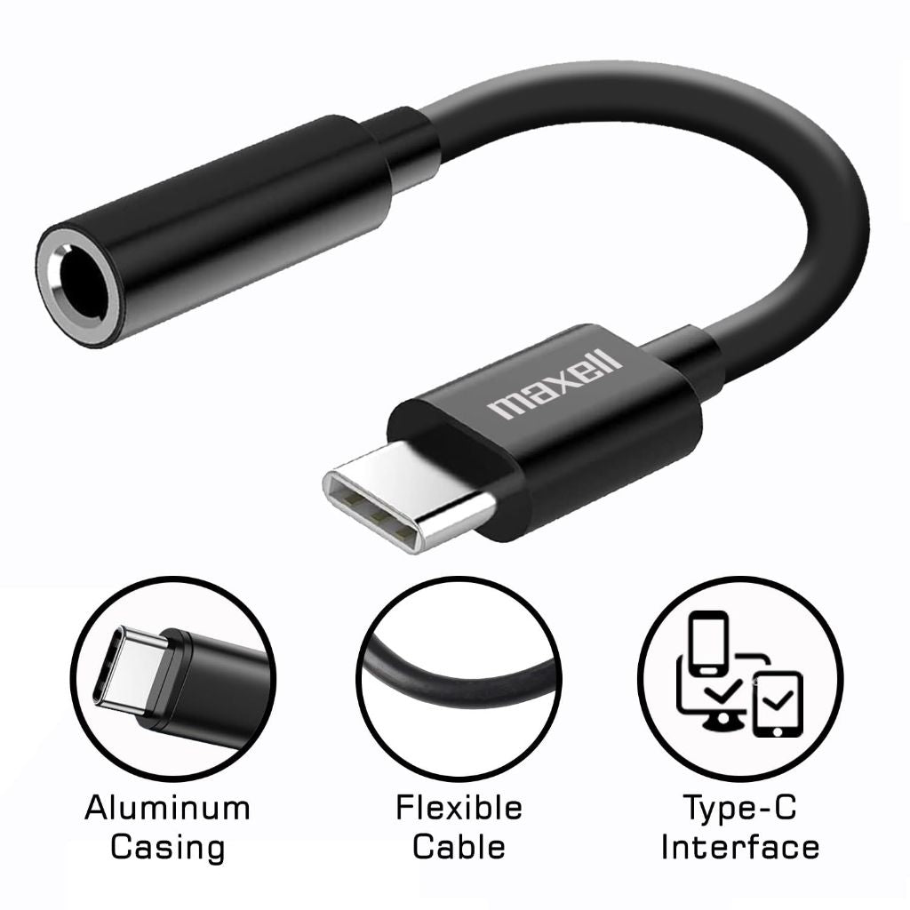 Maxell Sync Up USB-C Headphone Adapter, 3.5mm Audio Jack to USB-C, Reversible | Black